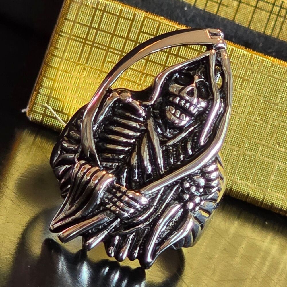 Grim Reaper Skeleton Biker Ring Size 16 Mens Stainless Steel Punk Rock Gothic